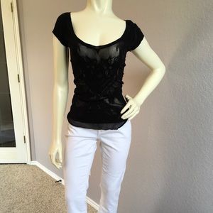 Bebe Black Fishnet Mesh Low Cut Fitted Tee XS